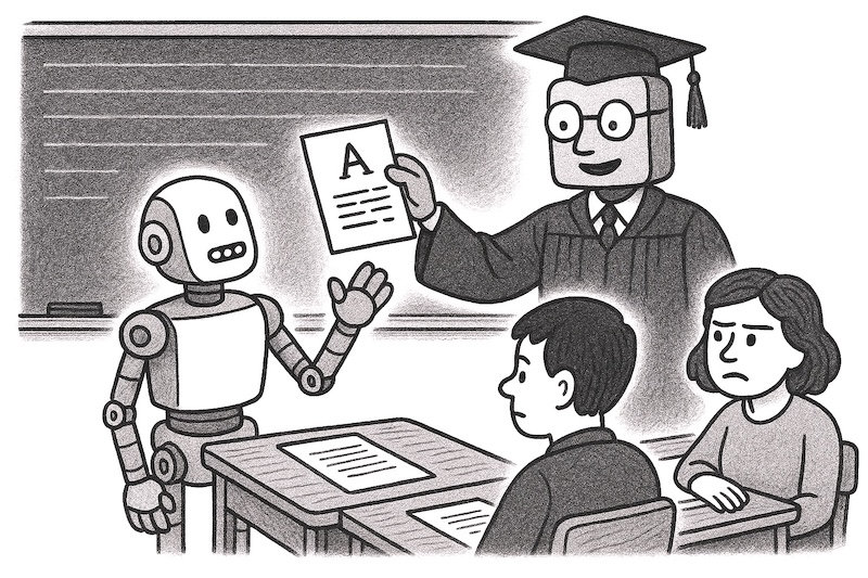 A robot-teacher giving an A grade to a robot student, while human students look defeated