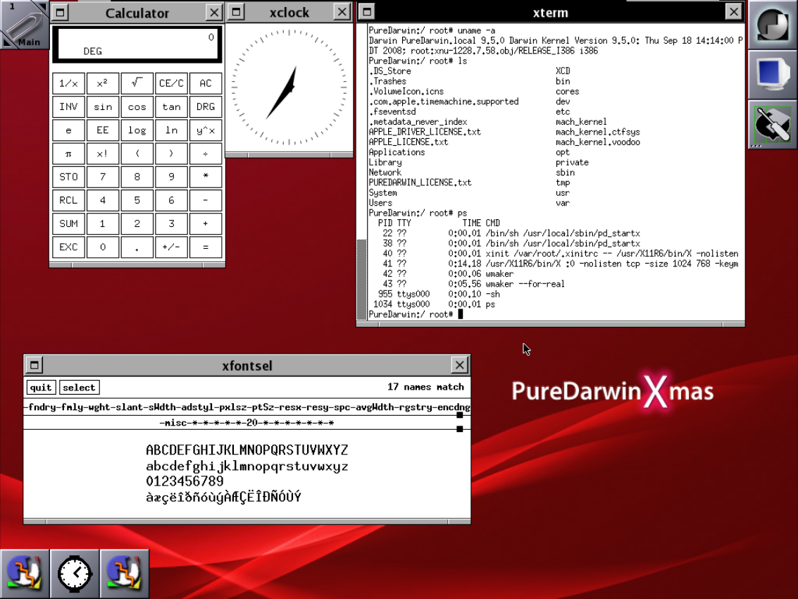 PureDarwin Xmas, showing the applications xcalc, xclock, xterm and xfontsel running in the Window Maker desktop window manager